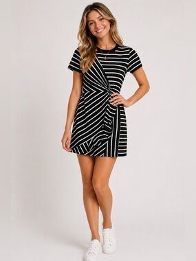 Women’s Black & White Twist-Front Stripe Dress